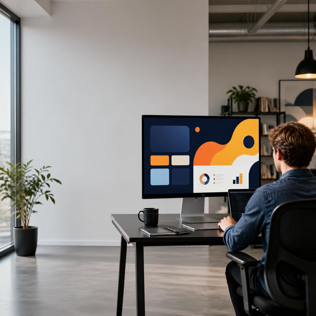 Web developer reviewing a business website on a large screen