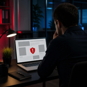 Laptop showing a security warning on a hacked website