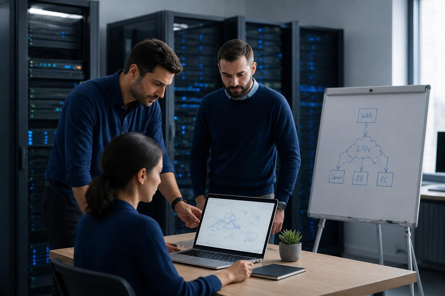 Team reviewing server infrastructure and a network diagram