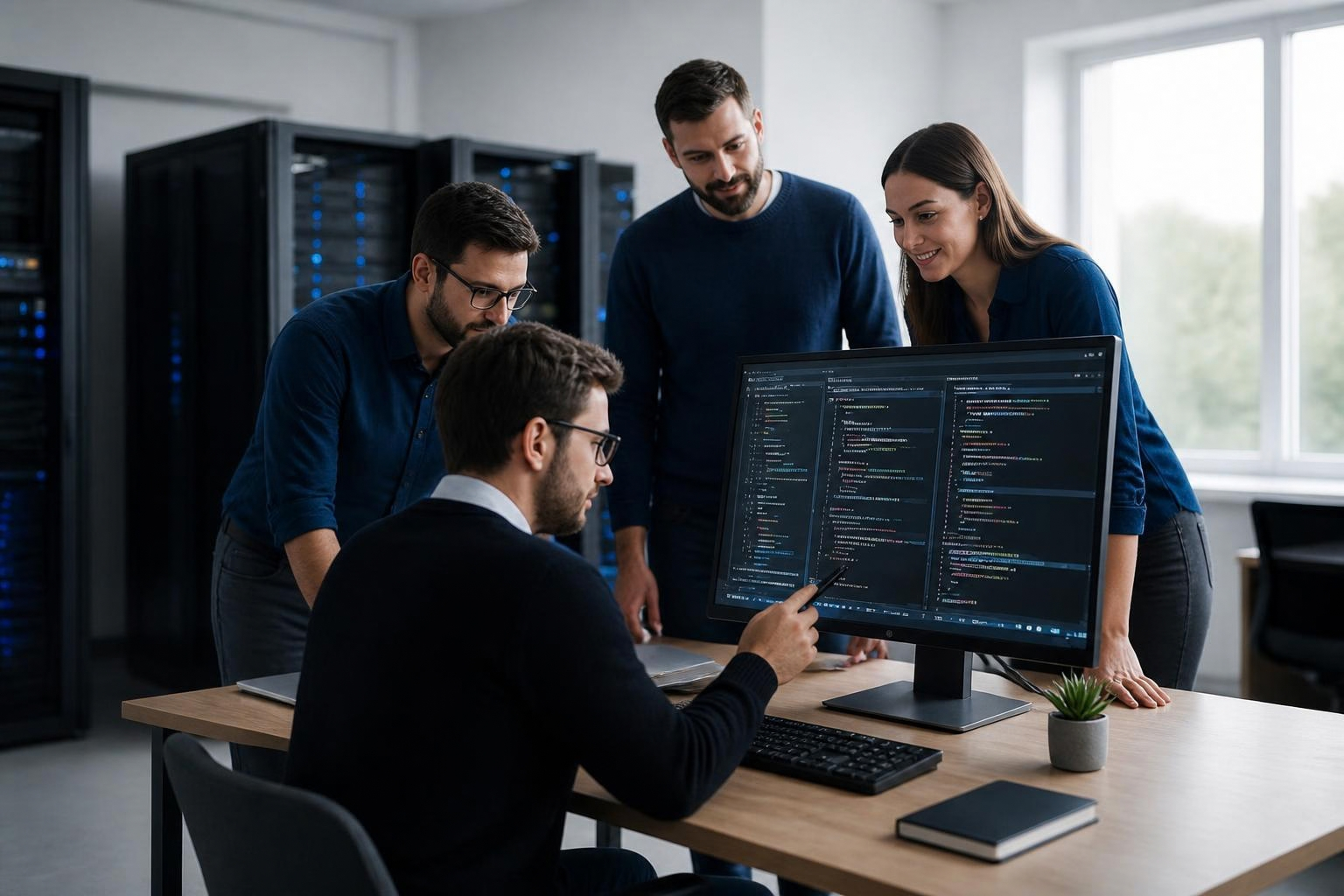Developers collaborating on code at a shared desk
