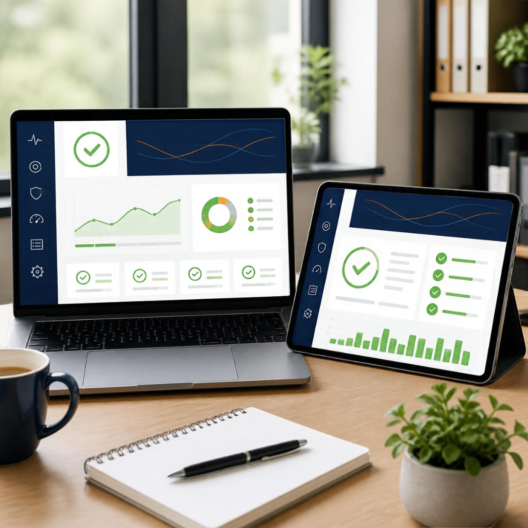 Website health report with green status indicators on a laptop and tablet