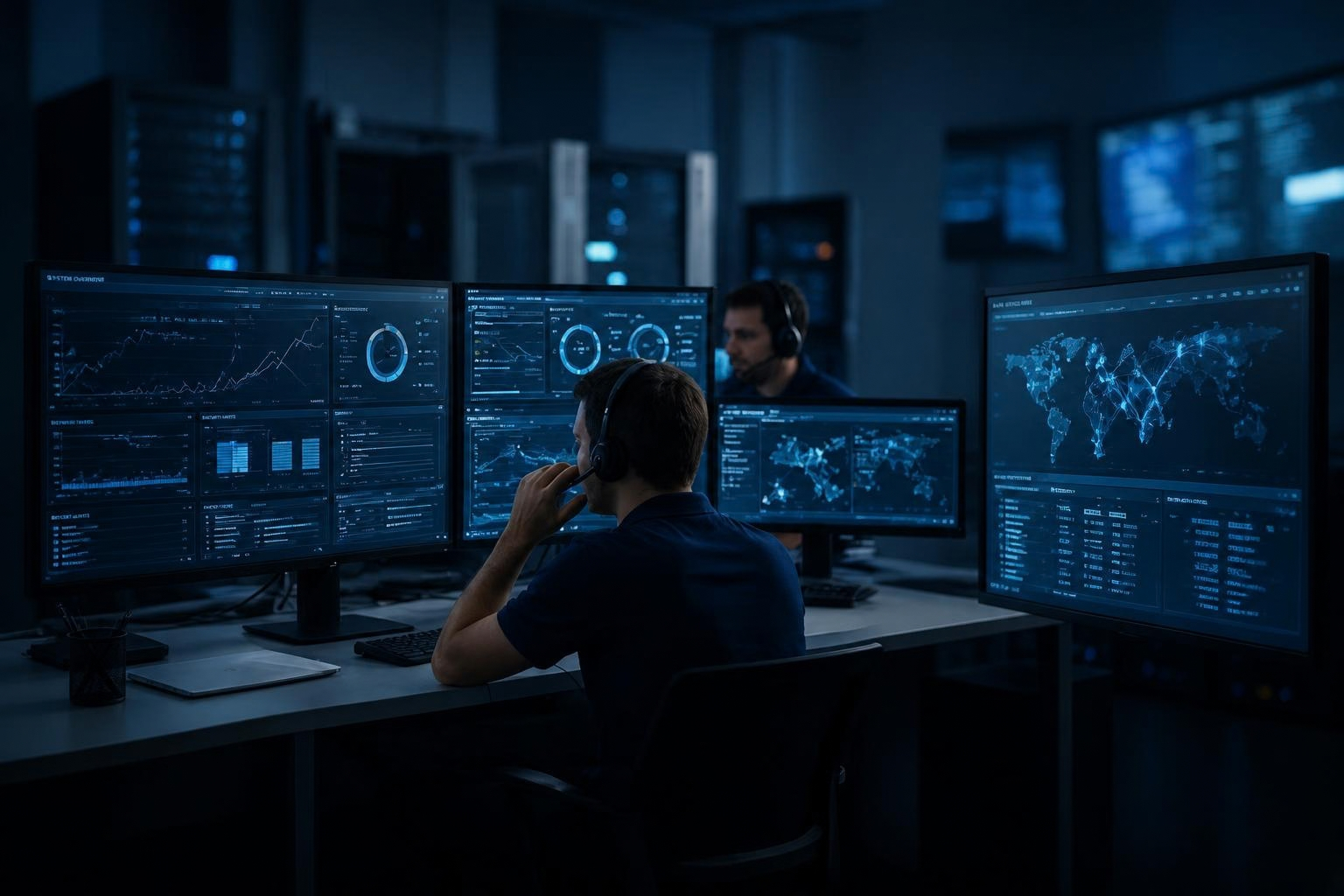 Specialist monitoring website uptime on multiple screens