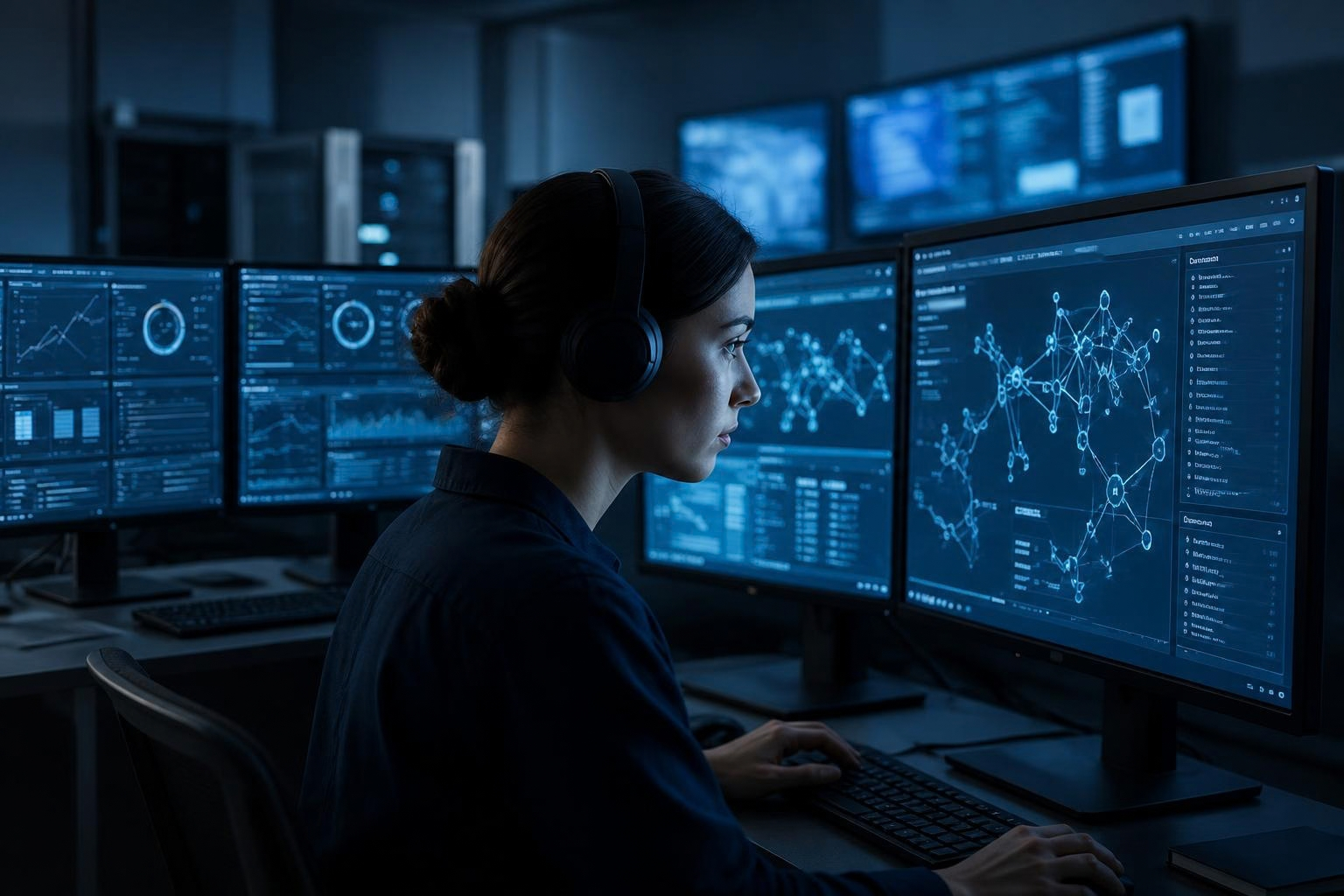 Security specialist checking a network on monitoring screens