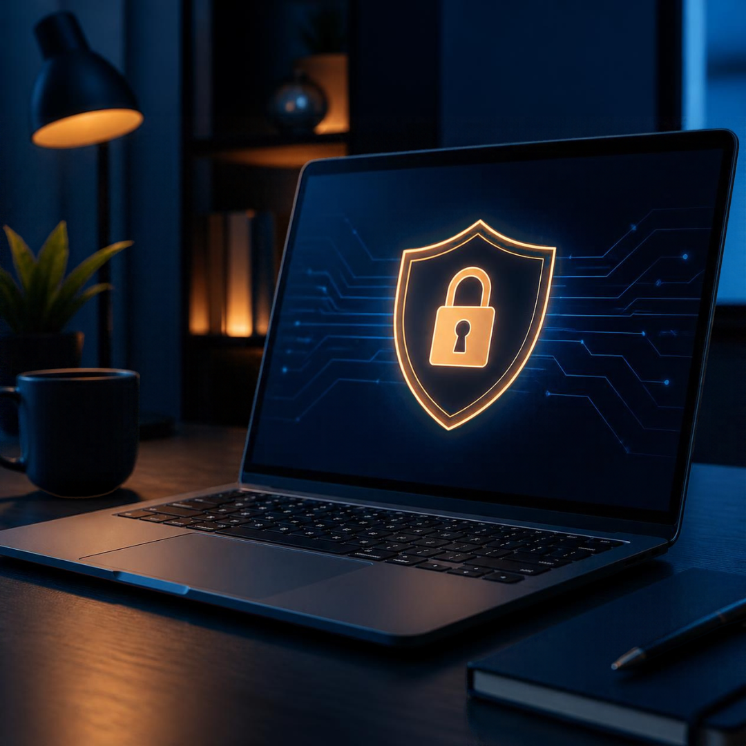 Laptop with a glowing padlock and shield in a dark room