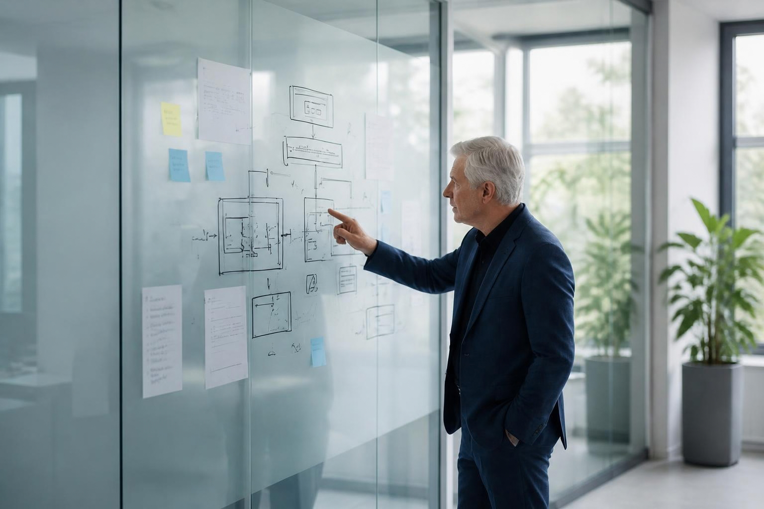 Consultant planning a site structure on a glass wall