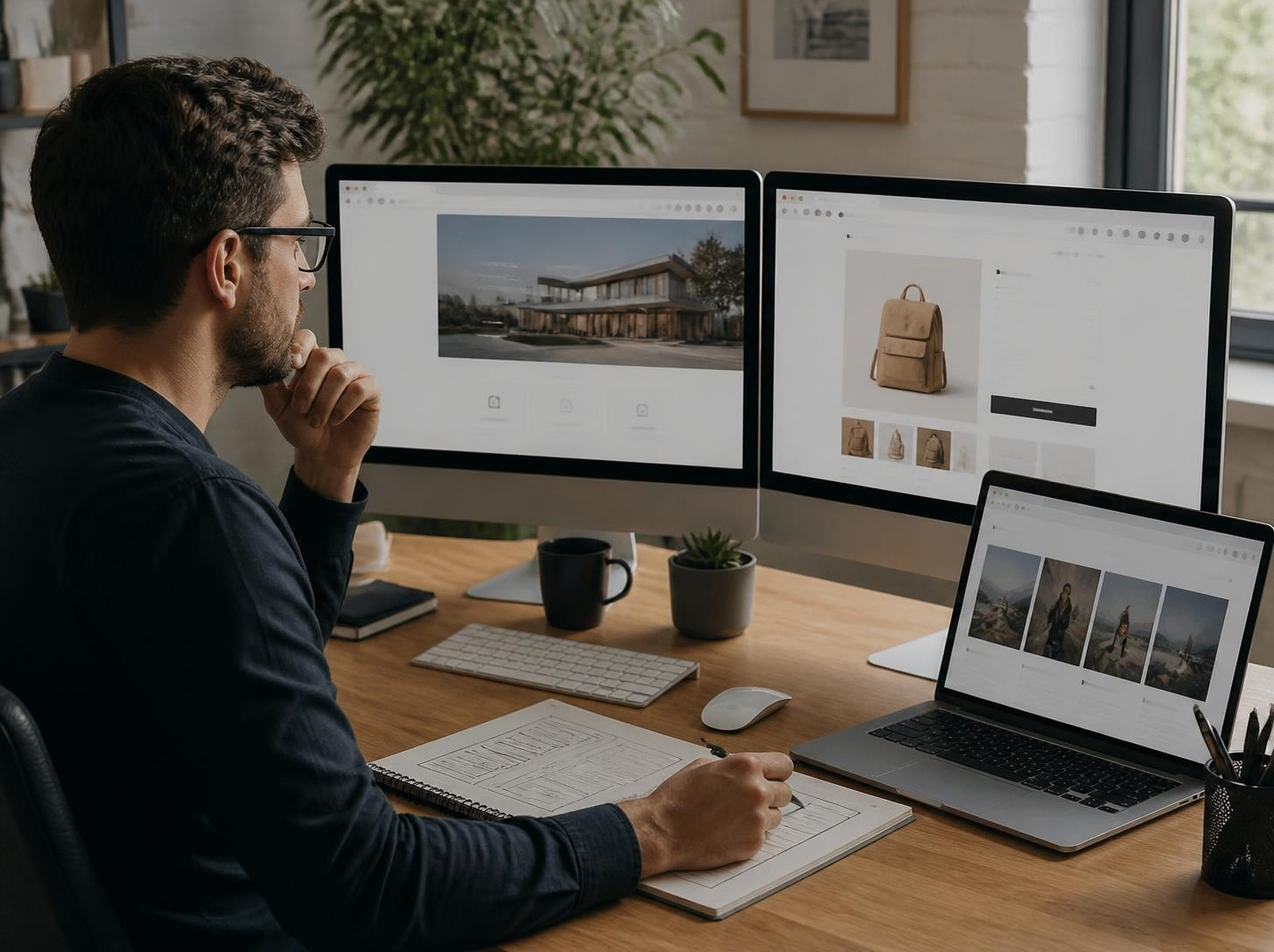 Web designer reviewing website layouts and wireframes